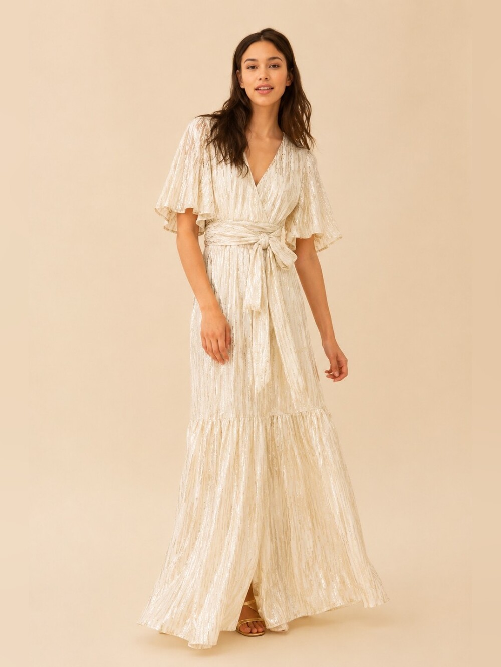 ba&sh Nixon Dress Ivory Gold Metallic Stripe Maxi Wrap Dress Size 2